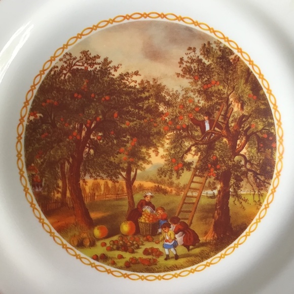 Corelle Vintage Plate Autumn Apple Picking Family Glass Dinnerware Corning USA - Picture 3 of 10